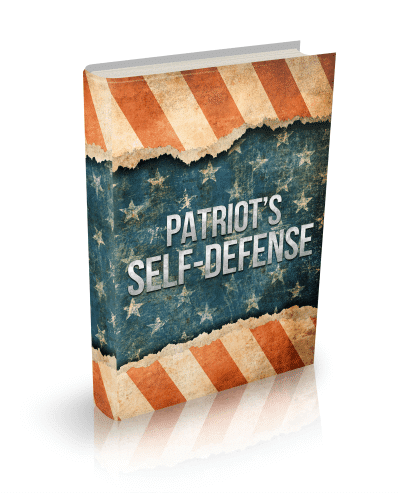 Promotional text sales page graphic for Patriot Self Defense featuring bold tactical headline typography set against a dark, metallic background with a patriotic shield emblem.