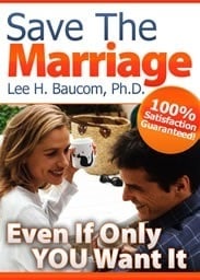 Promotional graphics for Save The Marriage System by Dr. Lee H. Baucom featuring the digital e-book cover displaying two holding hands set against a warm background.